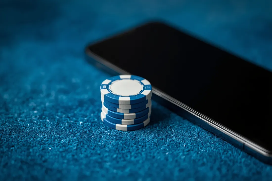 Kleiner Stapel Casino-Chips neben einem Smartphone