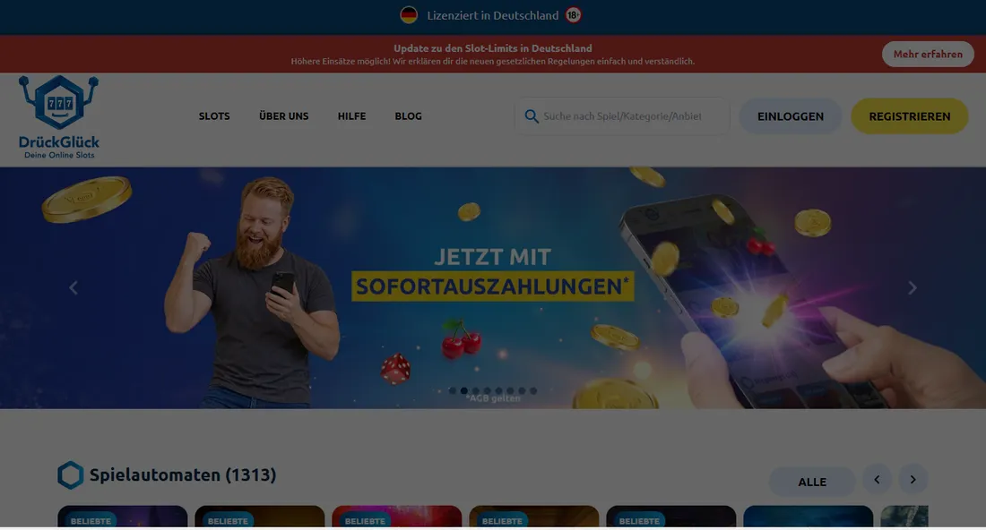 Startseite von DrückGlück mit dem Banner Jetzt mit Sofortauszahlungen und der Rubrik Spielautomaten Startseite von DrückGlück mit dem Banner Jetzt mit Sofortauszahlungen und der Rubrik Spielautomaten