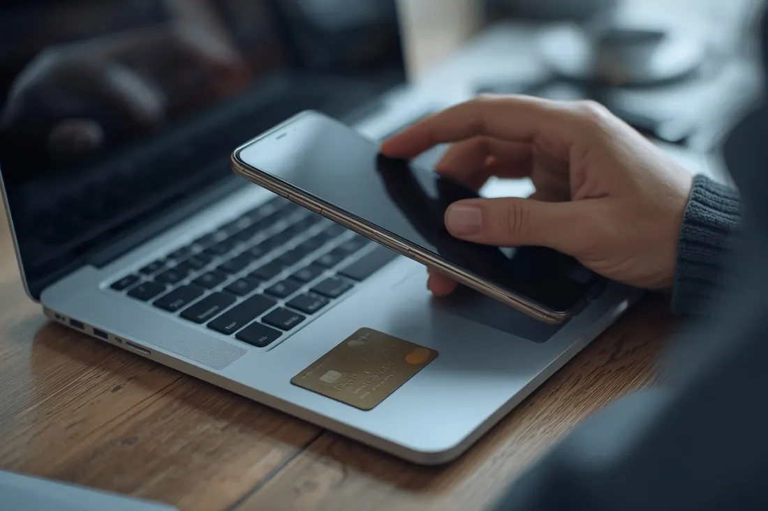 Hand mit Smartphone über einer Laptoptastatur, daneben eine unbedruckte Karte Hand mit Smartphone über einer Laptoptastatur, daneben eine unbedruckte Karte