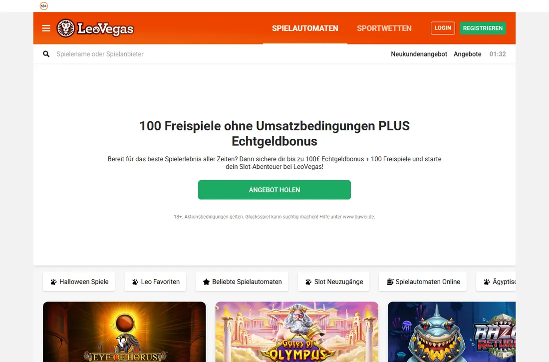 Startseite von LeoVegas Deutschland mit dem Angebot 100 Freispiele ohne Umsatzbedingungen plus Echtgeldbonus