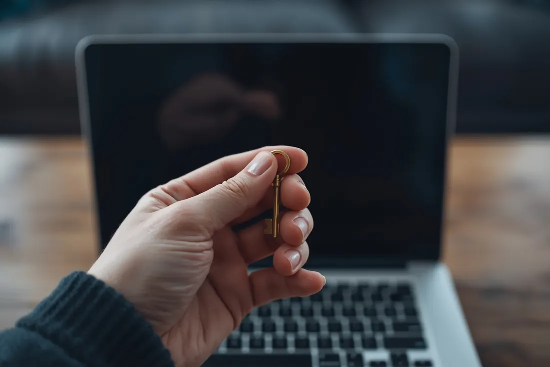 Hand mit Messingschlüssel vor einem Laptop