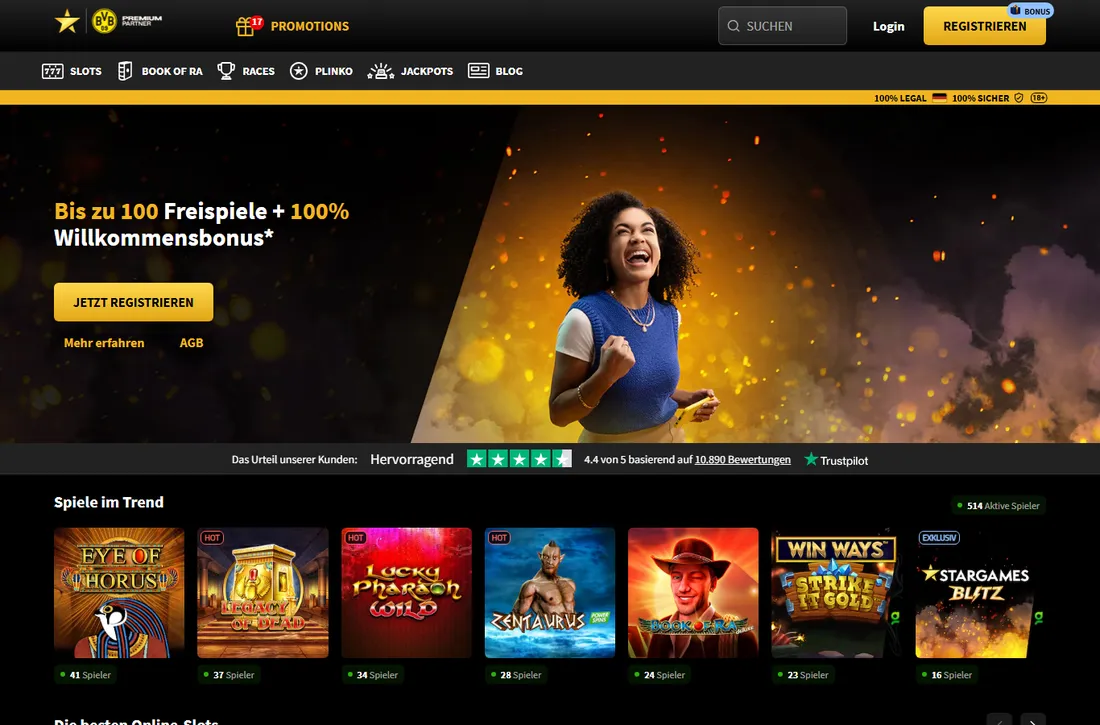 Startseite von StarGames mit dem Banner Bis zu 100 Freispiele plus 100% Willkommensbonus und den Spielen im Trend